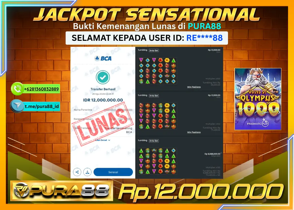 PURA88 JACKPOT GATES OF OLYMPUS 1000 Rp 12.000.000,- LUNAS